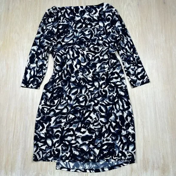 Lauren Ralph Lauren Navy White Abstract Print Ruched 3/4 Sleeve Sheath Dress 16 - Picture 11 of 14
